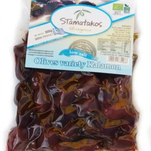 Masline kalamata vidate cu continut redus de sare bio 500g Stamatakos Olivegrove